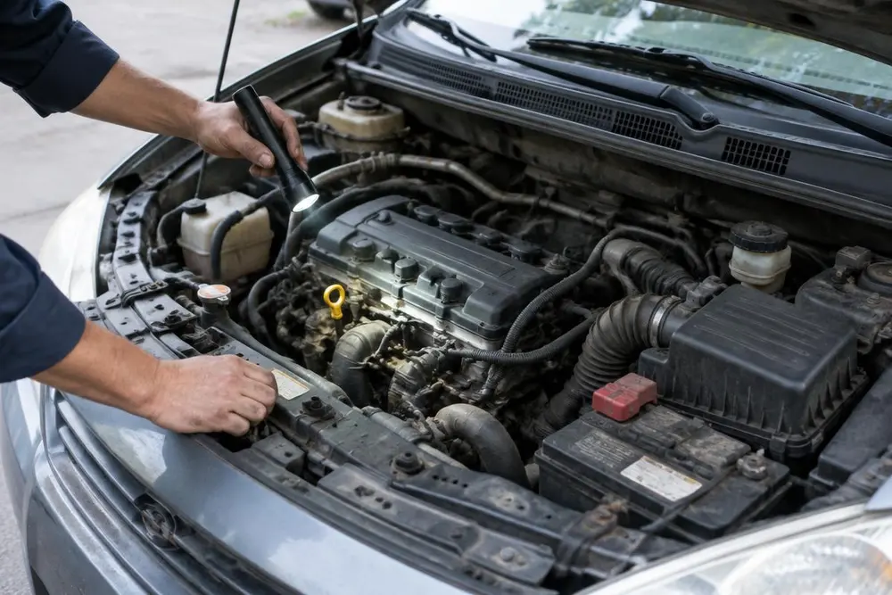 Mecánico revisa con lámpara el motor de un auto compacto (foto ilustrativa)